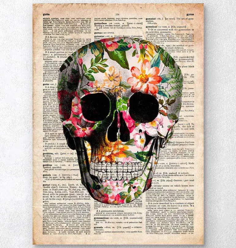 Affiche crâne floral - Ancien dictionnaire