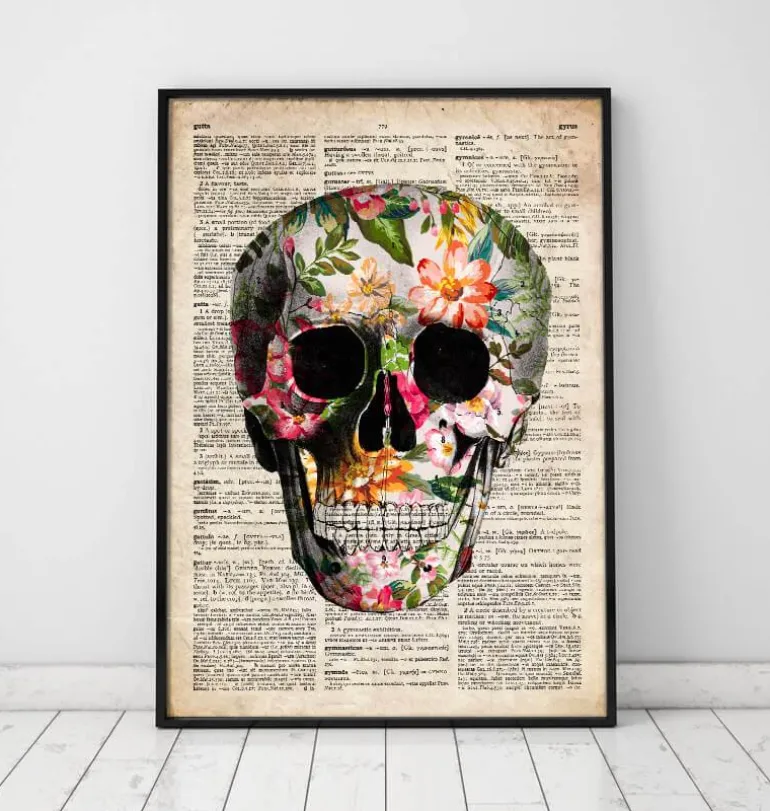 Affiche crâne floral - Ancien dictionnaire