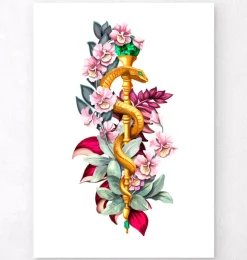 Bâton d'Asclépios avec Fleurs - Blanc
