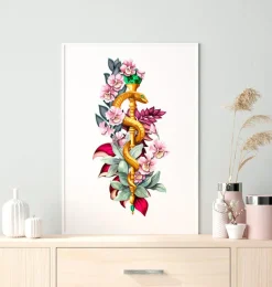 Bâton d'Asclépios avec Fleurs - Blanc