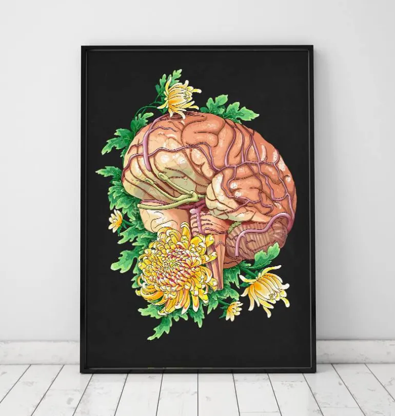 Cerveau avec fleurs - Noir