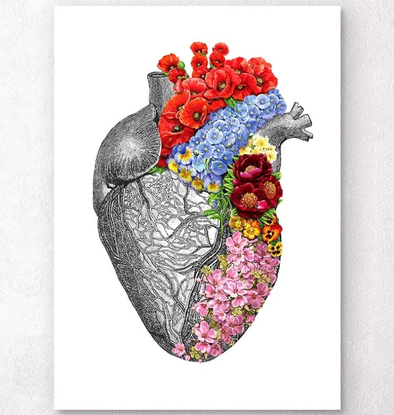 Coeur anatomique avec fleurs - Blanc